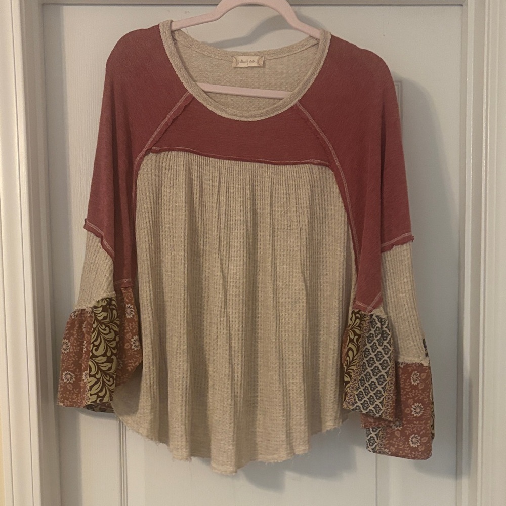 Boho Patch-Sleeve Top in Rust and Cream